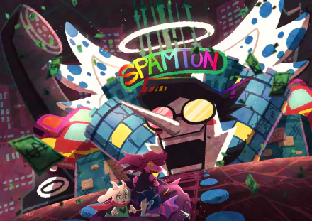 Vibrant 4K Ultra HD wallpaper featuring Ralsei, Susie, and Kris from the video game Deltarune with dynamic, colorful artwork and bold Spamton signage.