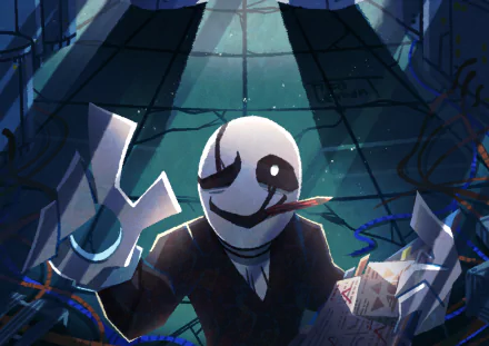 4K Ultra HD PC wallpaper featuring Gaster from the video game Undertale in a dark, mysterious setting with glowing blue wires and scattered papers.