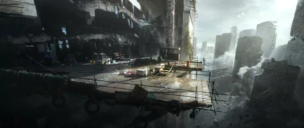 Dystopian sci-fi landscape with remnants of a post-apocalyptic world. Vibrant desktop wallpaper in high definition, showcasing a futuristic setting.