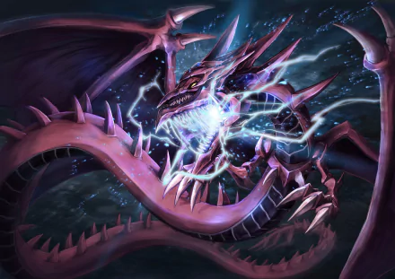 HD PC desktop wallpaper featuring Slifer the Sky Dragon from the anime Yu-Gi-Oh!, depicted with electrifying energy and dynamic, vivid details.