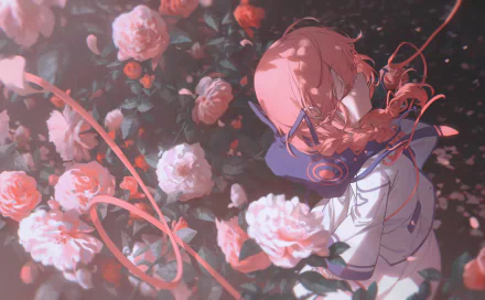 Anime-style 4K Ultra HD wallpaper featuring Kaf, a Virtual YouTuber from hololive, surrounded by blooming roses in a detailed and vibrant background.