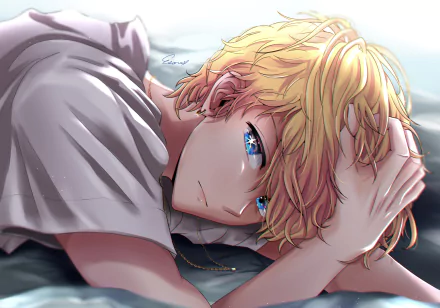 Aquamarine Hoshino (Oshi no Ko) reclining with tousled blond hair and vivid blue eyes, soft lighting and detailed shading — 4K Ultra HD anime PC desktop wallpaper.