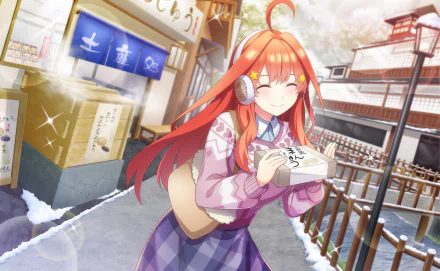 HD PC desktop wallpaper featuring Itsuki Nakano from the anime The Quintessential Quintuplets, enjoying food in a charming snowy traditional street setting.
