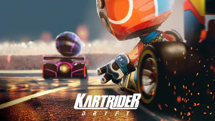Dynamic HD wallpaper featuring characters from KartRider: Drift, showcasing a colorful racer in motion with sparks flying on a vibrant racing track.