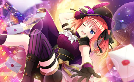 HD PC desktop wallpaper featuring Nino Nakano from the anime The Quintessential Quintuplets in a vibrant, dynamic pose with colorful magical effects.