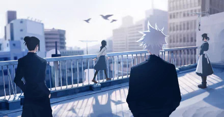 HD desktop wallpaper featuring Riko Amanai, Satoru Gojo, Suguru Geto, and Misato Kuroi from the anime Jujutsu Kaisen. Characters stand on a rooftop with cityscape and birds in the background.