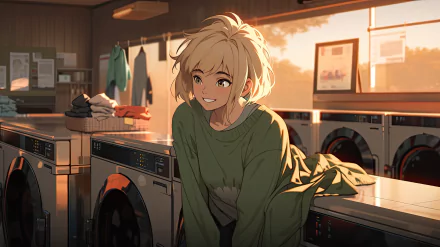 Anime-style lofi artwork of a smiling girl in a cozy laundry room, rendered in vibrant 8K Ultra HD as an original AI-generated PC desktop wallpaper.