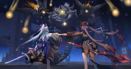 HD desktop wallpaper featuring Kamisato Ayaka and Hu Tao from Genshin Impact, engaging in an intense battle against a formidable robotic enemy, with vibrant colors and dynamic action.