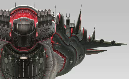 HD desktop wallpaper featuring a detailed sci-fi spaceship with intricate red lighting and sharp, futuristic design elements.