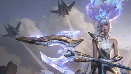 4K Ultra HD desktop wallpaper featuring Janna from League of Legends, holding a crystal weapon with fighter jets flying in a cloudy sky background.