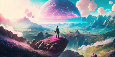 A lone figure stands on a rocky outcrop overlooking a vast, colorful alien landscape with surreal mountains, floating clouds, and a large glowing planet, rendered in 4K Ultra HD AI art.