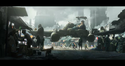 HD desktop wallpaper featuring a bustling sci-fi city scene with futuristic vehicles and diverse characters in a dynamic urban market environment.