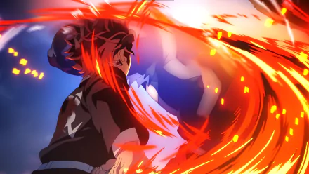 HD anime wallpaper featuring a dynamic scene from Demon Slayer: Kimetsu no Yaiba, showcasing intense fiery action and bold character design for PC desktop background.