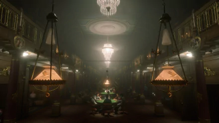 Moody casino interior with chandeliers and green-felt card tables, Arthur Morgan from the video game Red Dead Redemption 2 — HD PC desktop wallpaper/background.