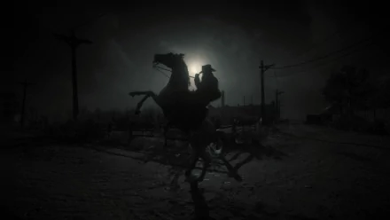 HD PC desktop wallpaper featuring Arthur Morgan from the video game Red Dead Redemption 2 riding a rearing horse in a dark, moody landscape.