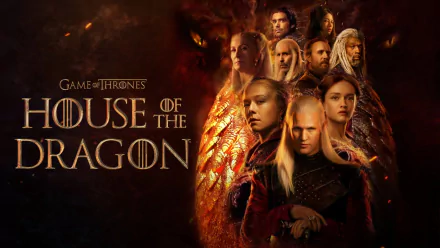 HD desktop wallpaper featuring key characters from the TV show House of the Dragon against a fiery, dragon-themed background.