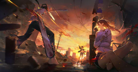 4K Ultra HD desktop wallpaper featuring Aki Hayakawa, Gun Devil, Power, and Denji from the anime Chainsaw Man in a dramatic sunset urban scene.