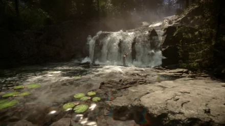 HD desktop wallpaper from the video game Sons of the Forest, featuring a serene waterfall in a lush forest setting.