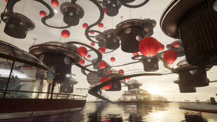 HD desktop wallpaper from the video game Atomic Heart, featuring a futuristic harbor with floating red balloons and mechanical structures under a soft sunset.