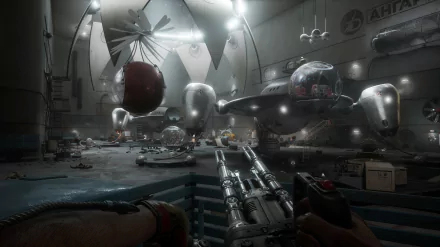 HD desktop wallpaper from the video game Atomic Heart featuring a first-person view inside a futuristic, mechanical facility with floating robot spheres.
