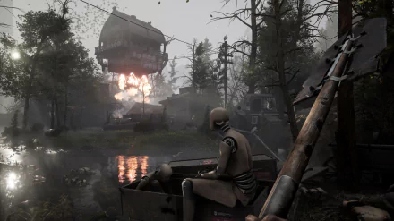 HD desktop wallpaper from the video game Atomic Heart, featuring a scene with a character in a boat observing an explosion near a water tower in a desolate, misty landscape.
