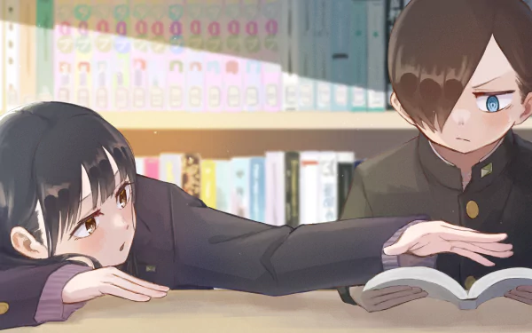 HD anime desktop wallpaper featuring Ichikawa Kyoutarou and Anna Yamada from The Dangers in My Heart, set in a cozy library scene.