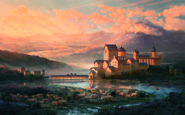 HD fantasy landscape of a medieval castle bathed in warm light at sunset, set against a dramatic sky with vibrant clouds and a river flowing through the foreground.