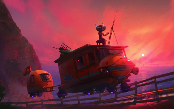 Sci‑Fi 4K Ultra HD PC desktop wallpaper and background: a small robot stands on a retro‑futuristic hovervan towing a pod as it speeds along a cliffside rail beneath a vivid sunset.