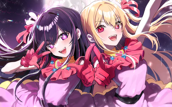 HD desktop wallpaper featuring Ruby Hoshino and Ai Hoshino from the anime Oshi no Ko, showcasing their vibrant outfits and lively expressions against a cosmic backdrop.