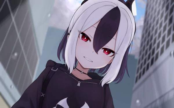 Onikata Kayoko from the video game Blue Archive — HD PC desktop wallpaper of a red-eyed character with white-and-black hair, black hoodie and choker, tilted skyscraper city background.