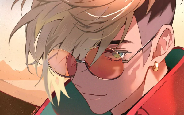 Close-up HD anime artwork of Vash the Stampede from Trigun Stampede, featuring detailed shading and warm tones, designed as a vibrant PC desktop wallpaper.