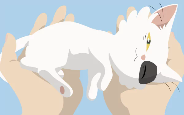 4K Ultra HD anime wallpaper featuring Daijin, the white cat from Suzume no Tojimari, resting peacefully in a pair of hands against a soft blue background.