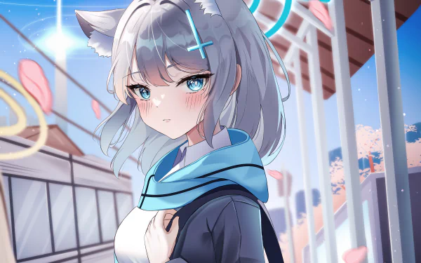 4K Ultra HD PC wallpaper featuring Shiroko Sunaookami from the video game Blue Archive, depicted with silver hair, blue eyes, and a serene outdoor background.