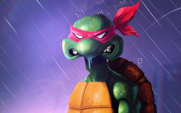 Raphael from Teenage Mutant Ninja Turtles in a dynamic comic pose, featured on an HD desktop wallpaper.