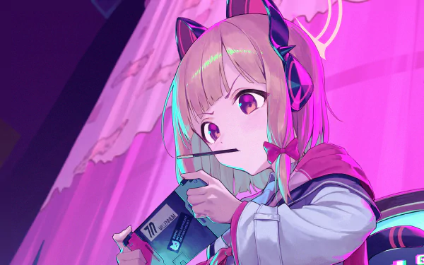 Saiba Momoi from the video game Blue Archive, depicted in vibrant neon colors, holding a gaming device in this HD PC desktop wallpaper and background.