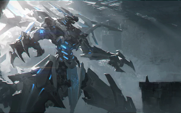 4K Ultra HD anime-style Yu-Gi-Oh! wallpaper featuring a dark, futuristic armored dragon-like creature in a dramatic, shadowy environment.