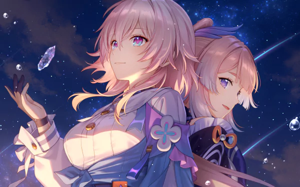 HD PC wallpaper featuring characters from Genshin Impact and Honkai: Star Rail, including Sangonomiya Kokomi, under a starry night sky with a cosmic theme.