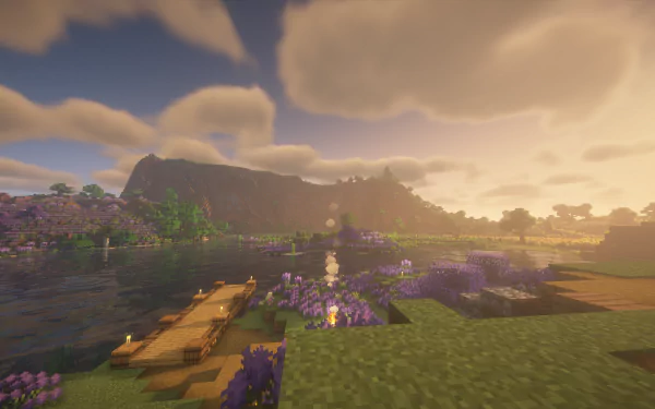 A vibrant Minecraft scene showcasing a serene landscape with lush greenery, a reflective lake, and a stunning sunset, captured in stunning 4K Ultra HD detail.