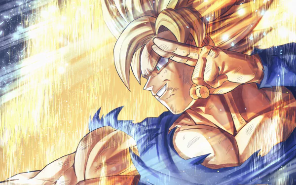 HD desktop wallpaper featuring Goku in Super Saiyan form from the anime Dragon Ball, depicted with dynamic energy effects and a confident pose.