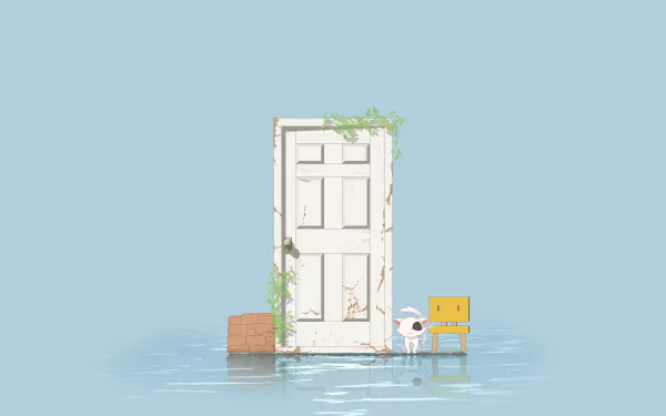 4K Ultra HD anime wallpaper from Suzume no Tojimari featuring a white door framed by plants, a small robot, and a yellow chair against a calm blue background.
