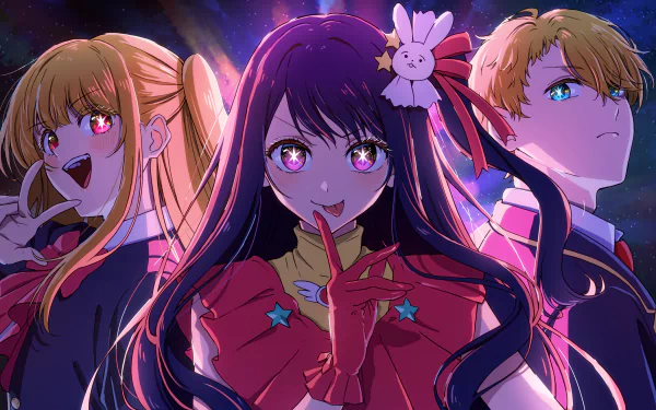 4K Ultra HD anime wallpaper featuring Ruby Hoshino, Aquamarine Hoshino, and Ai Hoshino from Oshi no Ko with vibrant colors and dynamic poses.