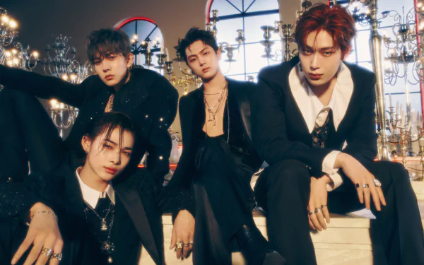 ENHYPEN members dressed in dark suits pose against an ornate backdrop, captured in a sharp 4K Ultra HD music-themed PC desktop wallpaper.