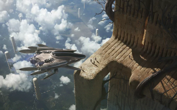 Sci-Fi 4K Ultra HD PC desktop wallpaper background: sleek spaceship hovers over clouds beside a colossal carved structure's weathered ledge.