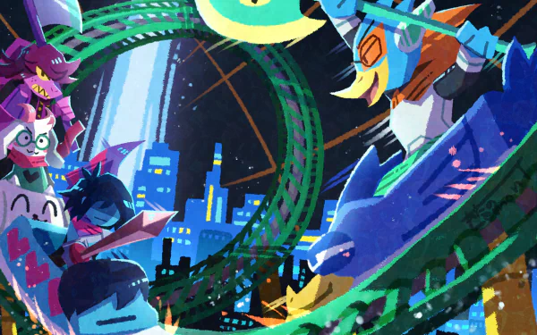 4K Ultra HD desktop wallpaper featuring Berdly, Ralsei, Susie, and Kris from the video game Deltarune in a dynamic cityscape battle scene.