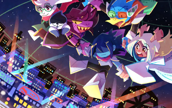 4K Ultra HD PC desktop wallpaper featuring Deltarune characters Berdly, Noelle Holiday, Ralsei, Susie, and Kris in a vibrant cityscape at night.