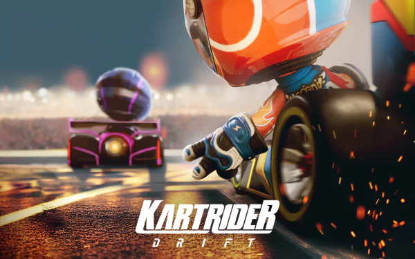 Dynamic HD wallpaper featuring characters from KartRider: Drift, showcasing a colorful racer in motion with sparks flying on a vibrant racing track.