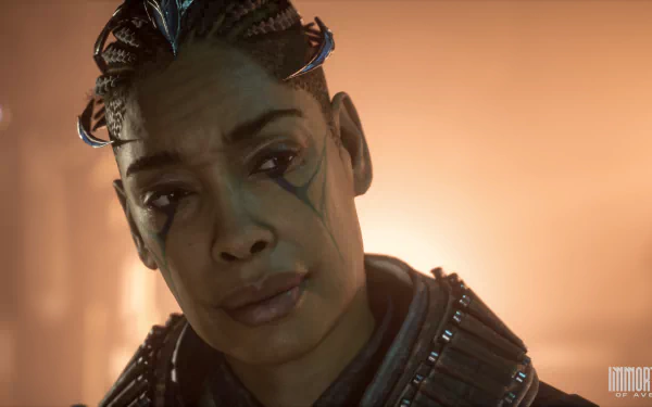 Close-up HD wallpaper featuring a character from Immortals of Aveum with intricate hair and facial tattoos, set against an amber backdrop for desktop background.