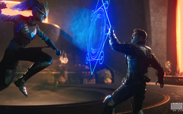 HD desktop wallpaper of Immortals of Aveum featuring two characters in a dynamic battle scene with glowing magical elements.