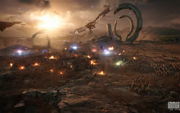 HD wallpaper of epic battle scene from Immortals of Aveum with dragon and army under a dramatic sunset sky.