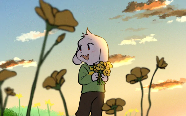 HD PC desktop wallpaper featuring Asriel from the video game Undertale, standing in a flower field at sunset with a serene sky background.